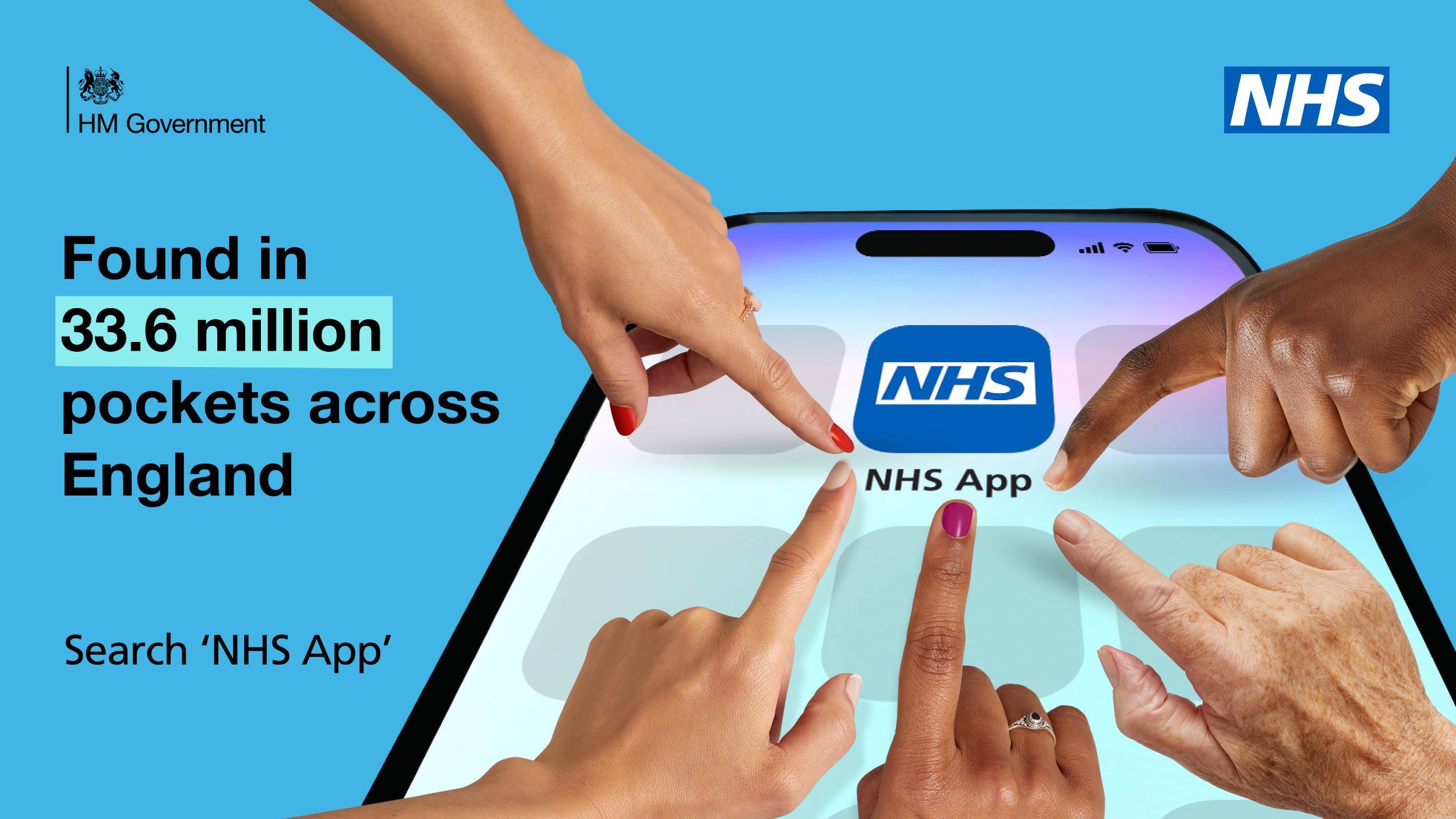 Picture of many hands touching a phone screen with wording advertising the NHS App