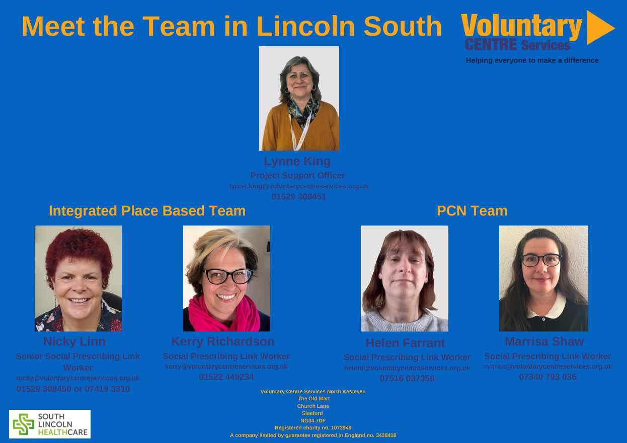 Image containing pictures of the Social Prescribing team with their names and contact details