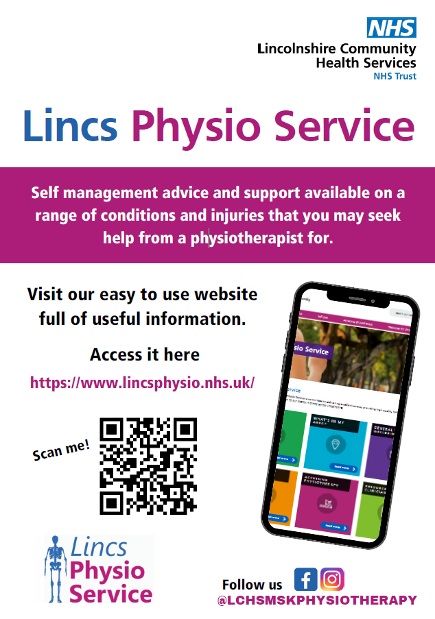 Image containing website details, QR code and social media details to access Lincs physio service as part of Lincolnshire Community Health Services Physiotherapy